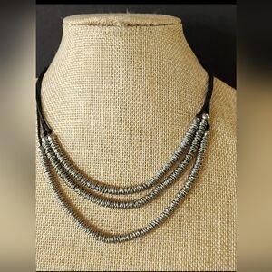 Zad Silvertone And Suede Triple Strand Necklace Adjustable Lengths 16" To 18"